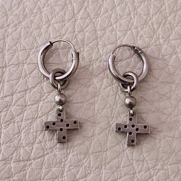Pewter Hoop Earrings with Dangling Cross Charm - Picture 1 of 2